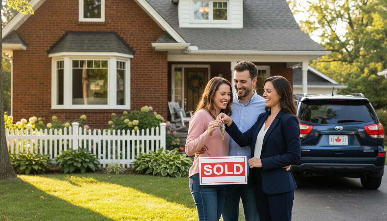 Realtor handing house keys to new homeowners in front of a Georgetown Ontario home