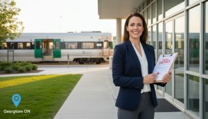 Realtor with Status Certificate documents in front of a Georgetown condo building near transit.