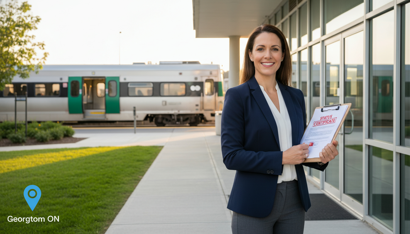 Realtor with Status Certificate documents in front of a Georgetown condo building near transit.