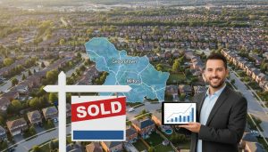 Aerial view of homes in Georgetown and Milton with a map overlay and a realtor holding a tablet showing market graphs, real estate SOLD sign in foreground.