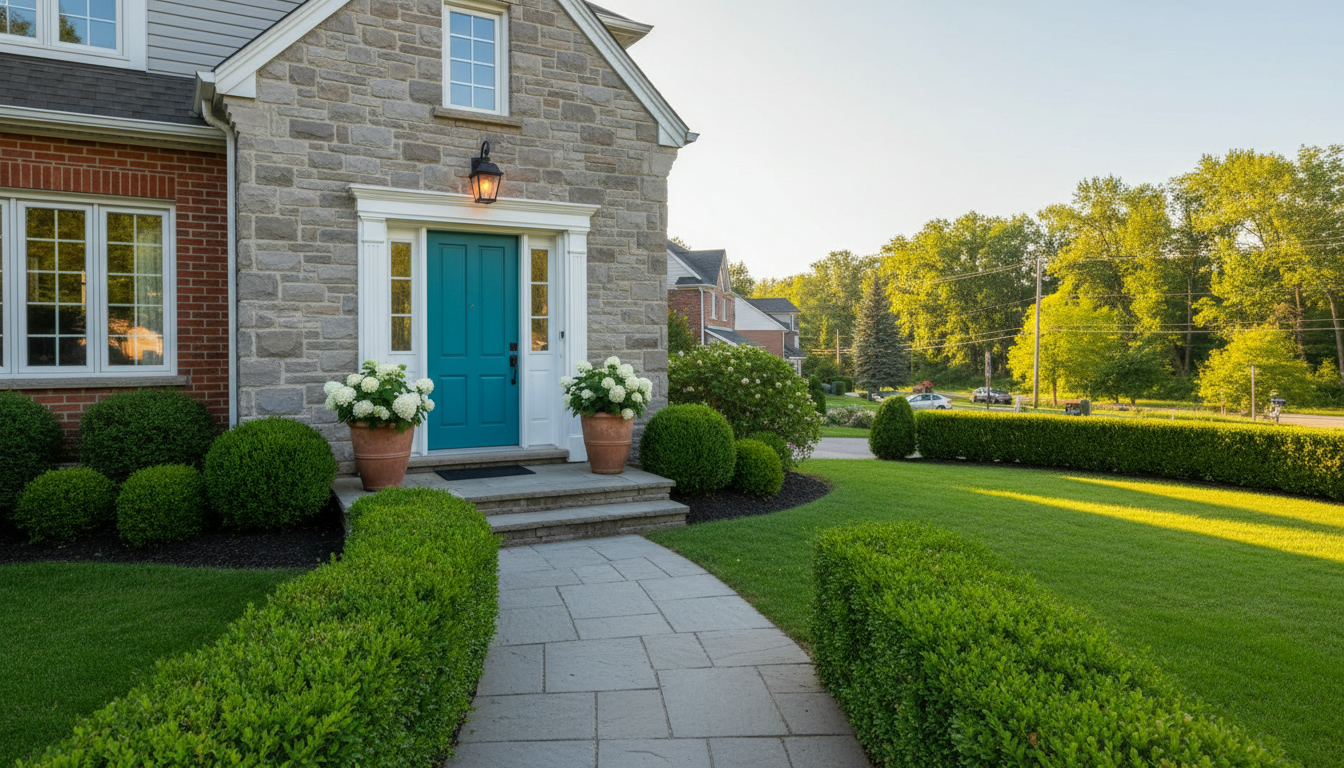 Georgetown Ontario home with strong curb appeal: manicured lawn, painted front door, trimmed hedges, and warm porch lighting.