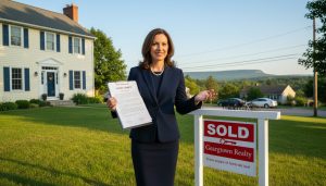 Real estate agent reviewing contract in front of a Georgetown, Ontario home with a SOLD sign and escarpment in background