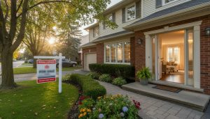Suburban Georgetown Ontario home at golden hour with For Sale sign and natural light showing interior