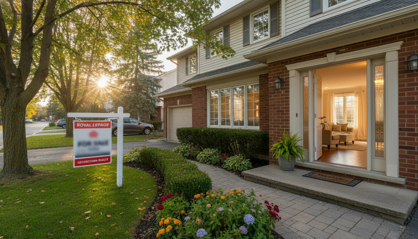 Suburban Georgetown Ontario home at golden hour with For Sale sign and natural light showing interior