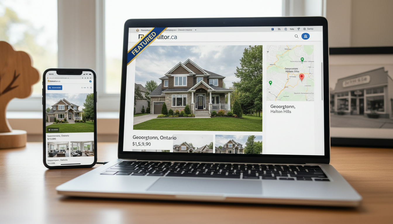 Laptop and smartphone showing a featured Realtor.ca listing for a Georgetown, Ontario home with a map pinpoint and featured badge.