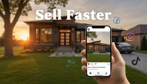 Suburban Georgetown home at golden hour with smartphone showing social media listing and social icons