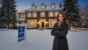 Real estate agent in front of a well-staged Georgetown home with a For Sale sign in winter twilight.