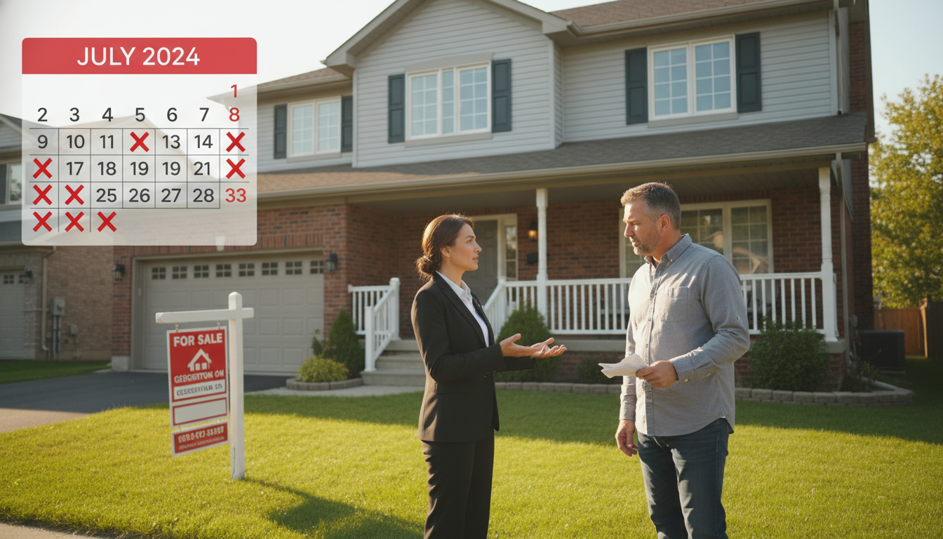 Suburban Georgetown Ontario home with For Sale sign and calendar overlay showing many crossed-off days