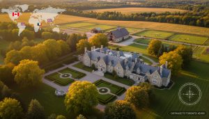 Aerial view of a luxury rural estate near Georgetown, Ontario at golden hour with manicured grounds and equestrian facilities