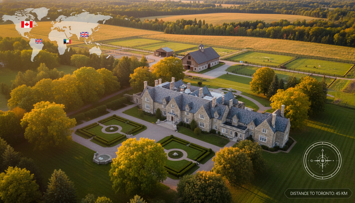Aerial view of a luxury rural estate near Georgetown, Ontario at golden hour with manicured grounds and equestrian facilities
