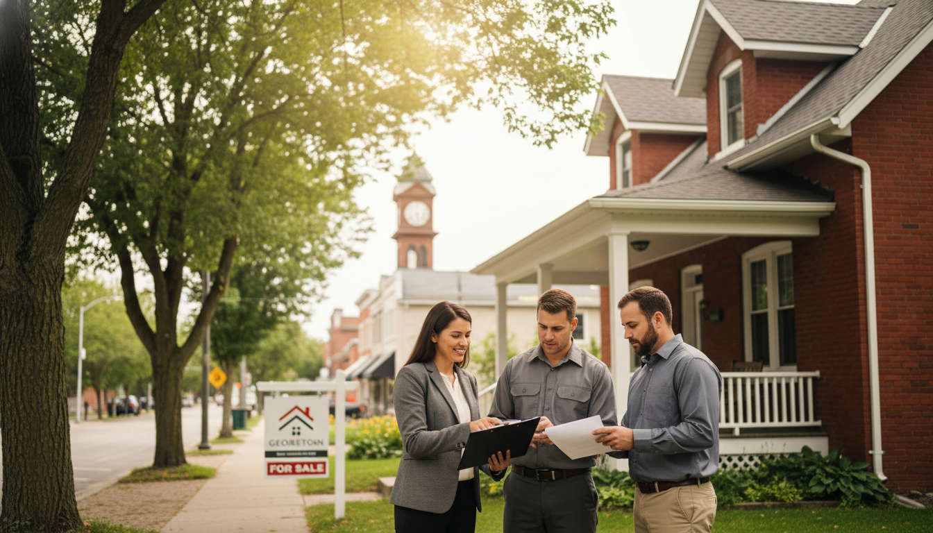 Realtor, home inspector and appraiser reviewing documents in front of a Georgetown, Ontario brick house