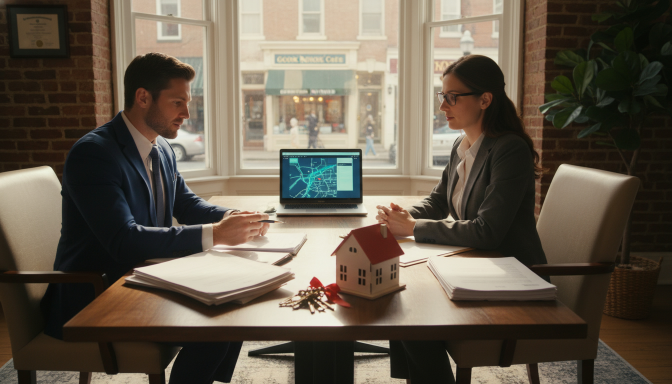Realtor and lawyer reviewing mortgage payout documents for a home sale in Georgetown, Ontario with a small house model and keys on the table.