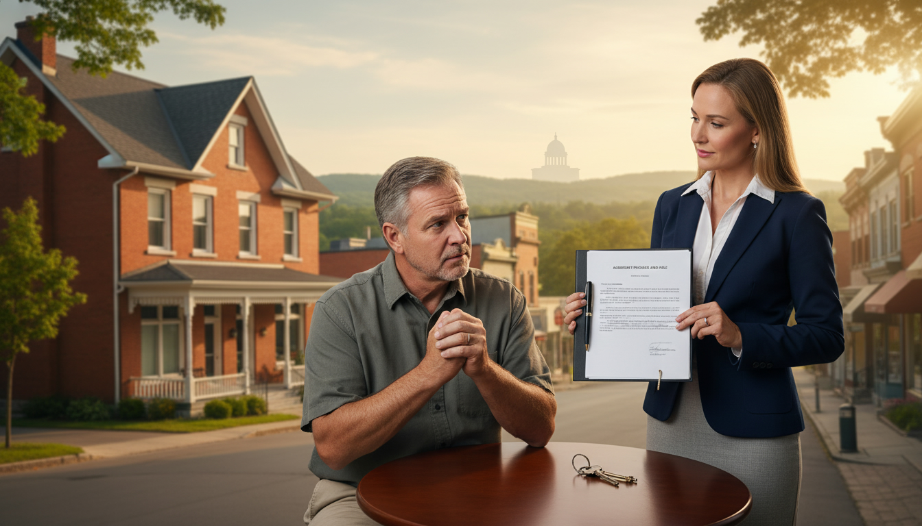 Georgetown house, seller with legal papers and agent, courthouse silhouette in background — representing post-closing legal risk