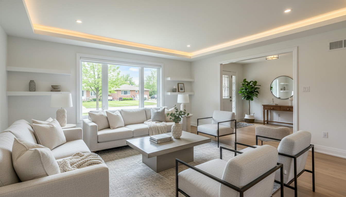 Professionally staged living room in a Georgetown, Ontario home with neutral décor and natural light.
