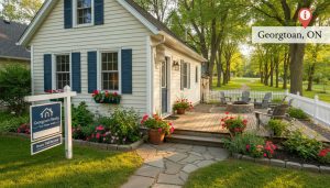 Georgetown home with cottage-style backyard, deck, fire pit, and For Sale sign in summer
