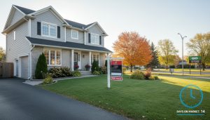 Suburban Georgetown home with For Sale sign and clock overlay showing days on market