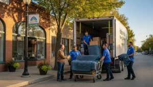 Professional movers loading furniture into a truck on a residential street in Georgetown, Ontario with moving pads and dollies.