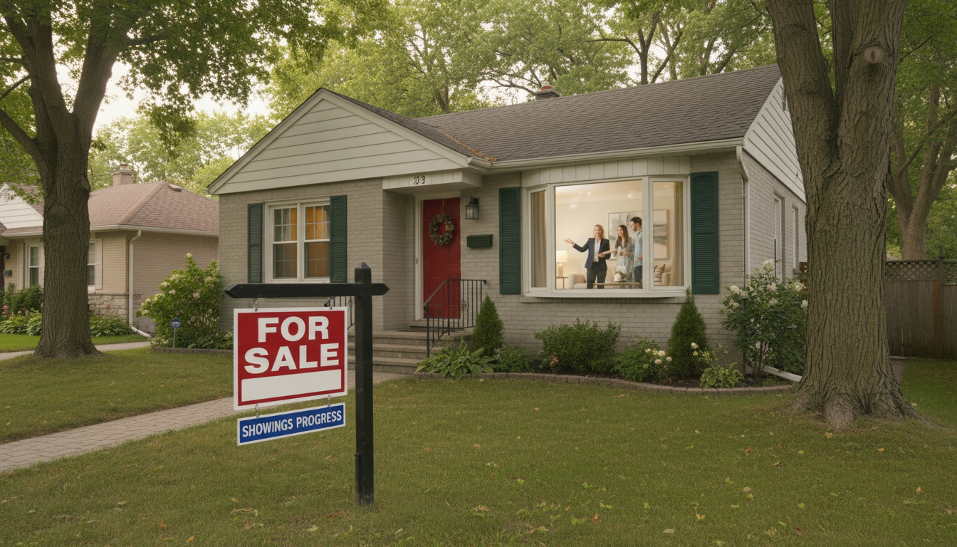 Staged Georgetown Ontario home during a showing with agent and couple touring living room