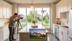 Professional photographer shooting a well-staged Georgetown home interior with drone and twilight inset