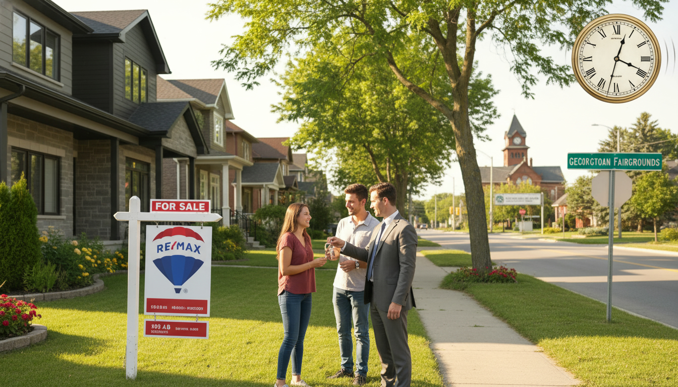 Georgetown Ontario house sale: realtor handing keys to buyers with clock overlay indicating fast closing