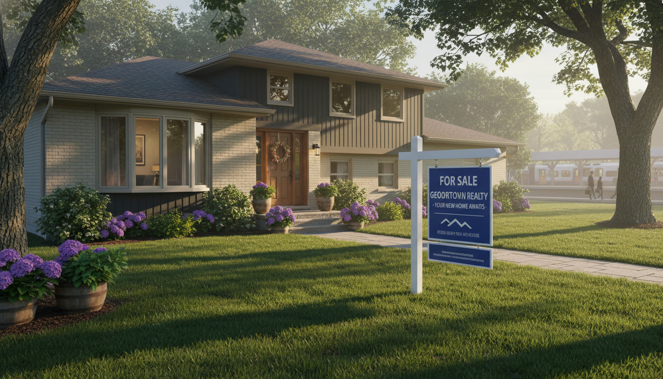 Well-maintained Georgetown Ontario family home with For Sale sign and tidy curb appeal