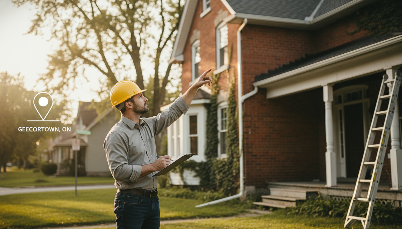 Home inspector examining a suburban Georgetown, Ontario house with checklist