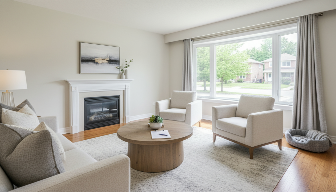 Staged Georgetown living room ready for sale with a tucked-away pet bed and realtor clipboard