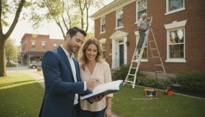 Real estate agent and homeowners reviewing a home inspection report outside a Georgetown, Ontario house
