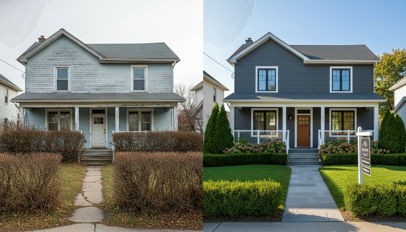 Before and after renovated Georgetown Ontario house with improved curb appeal and For Sale sign