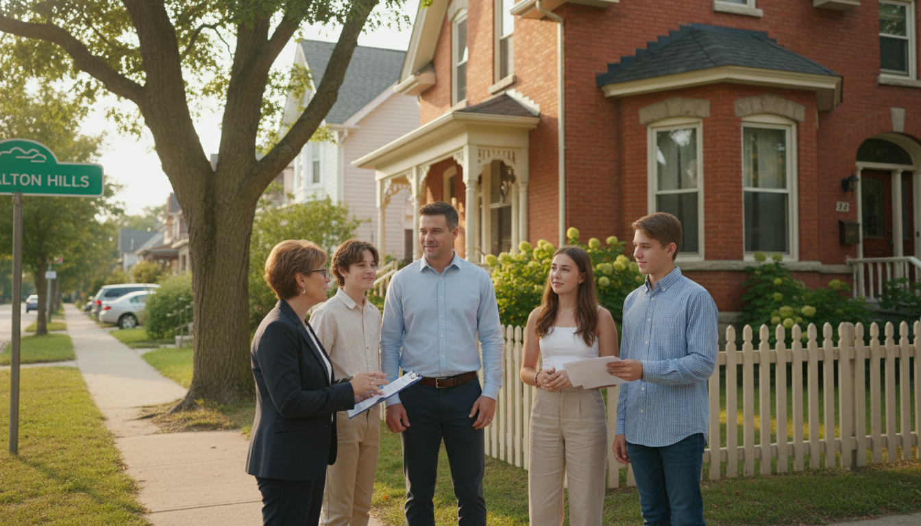 Realtor and family discussing sale outside a Georgetown, Ontario house with Halton Hills sign visible