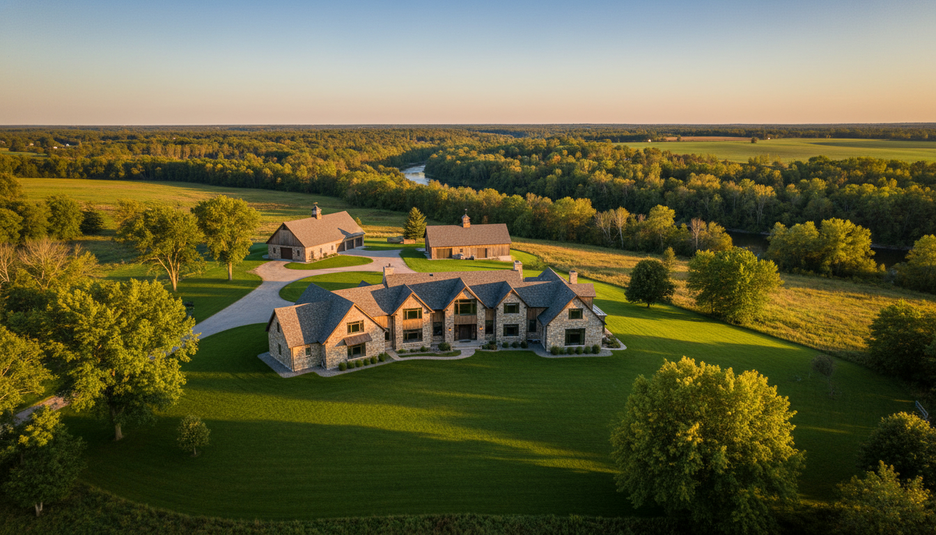 Aerial view of a luxury rural property near Georgetown, Ontario with house, barn, rolling acreage, and mature trees.