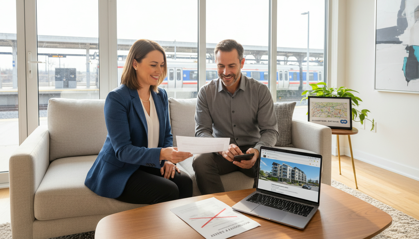Realtor and seller reviewing mortgage payoff documents in a staged Georgetown condo with GO Transit visible outside.