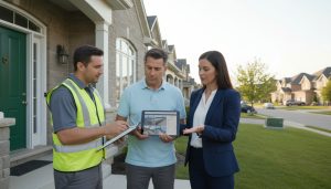 Realtor and homeowner reviewing a home inspection report outside a Georgetown, Ontario house with an inspector holding a clipboard.