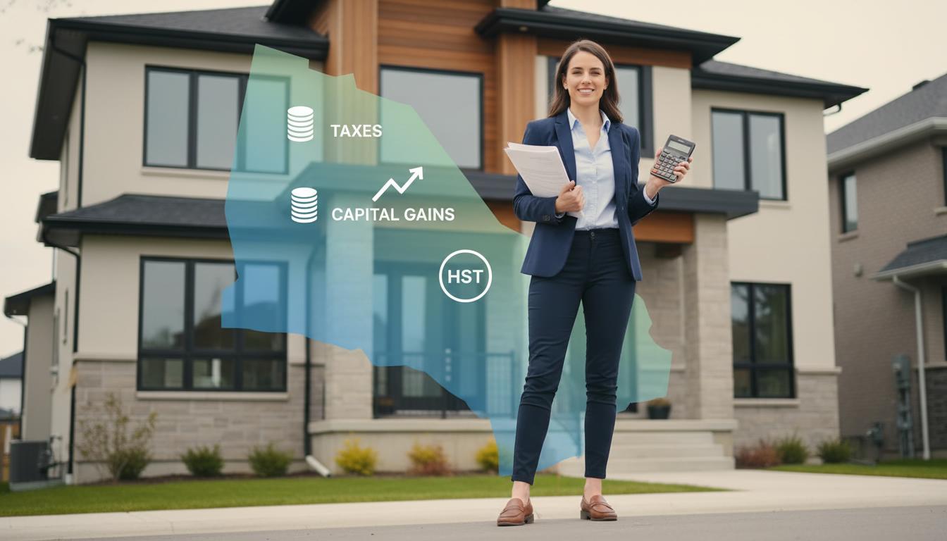 Realtor in front of a Georgetown, Ontario home holding tax documents and a calculator with a map of Georgetown in the background