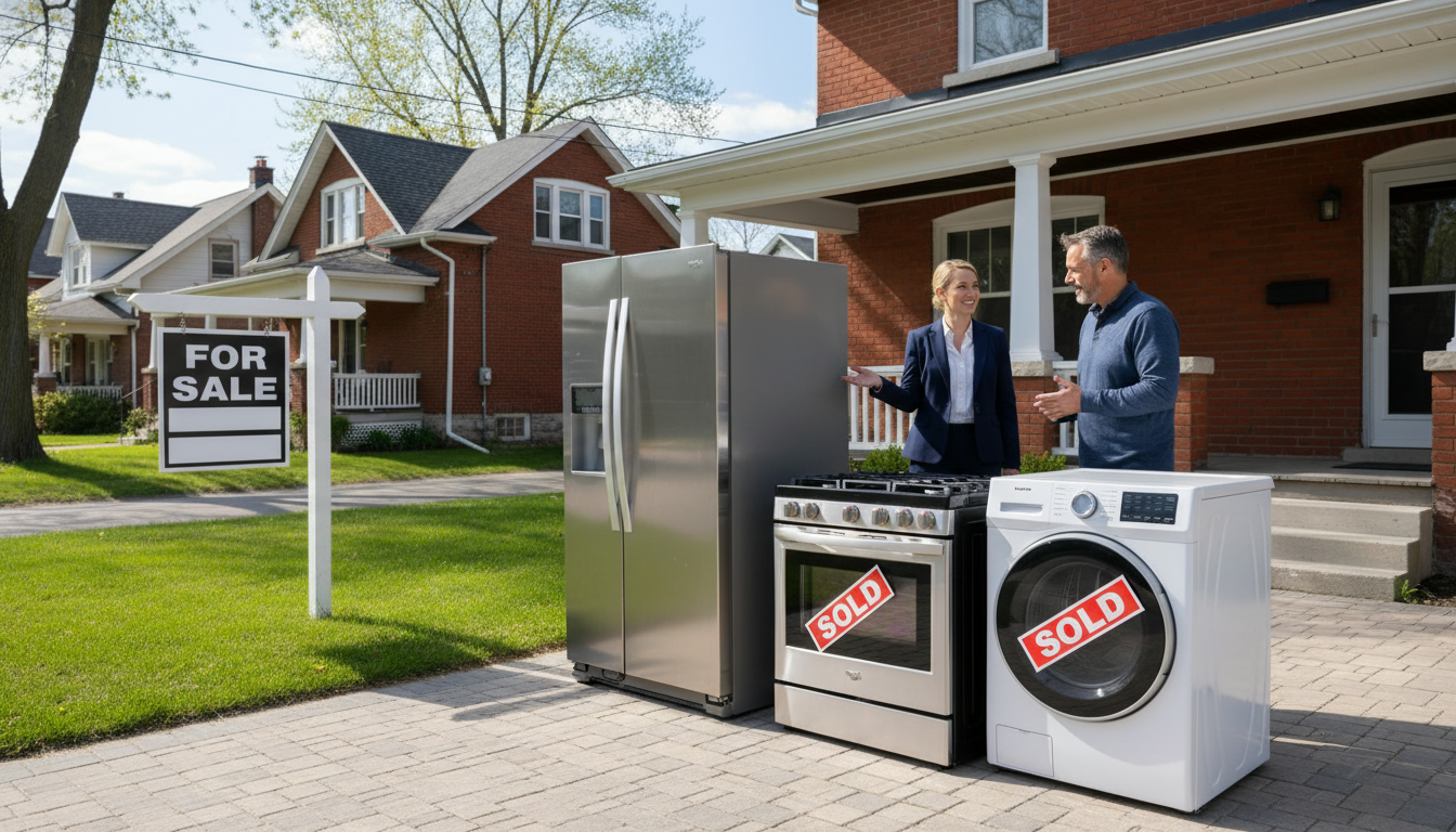 Real estate agent advising homeowner next to appliances and a For Sale sign in Georgetown Ontario