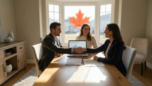 Realtor negotiating price with homeowners at a dining table in a Georgetown home, contract and laptop visible.
