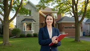 Realtor holding a home inspection report outside a Georgetown Ontario house