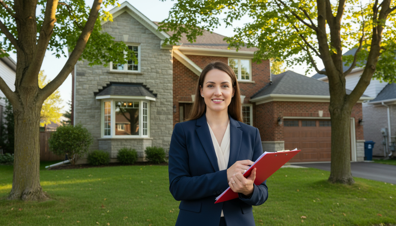 Realtor holding a home inspection report outside a Georgetown Ontario house
