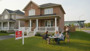 Family discussing sale of a Georgetown Ontario house with realtor and for sale sign on lawn