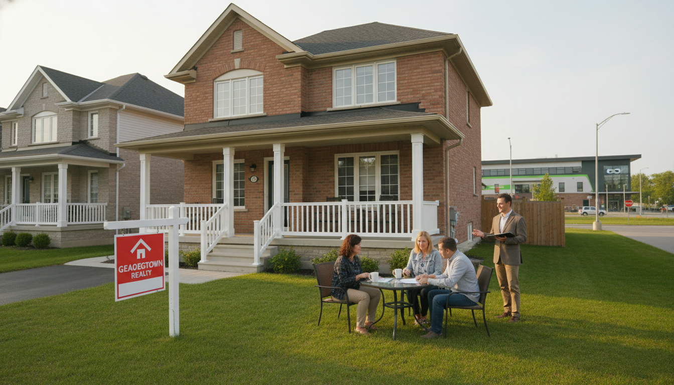 Family discussing sale of a Georgetown Ontario house with realtor and for sale sign on lawn