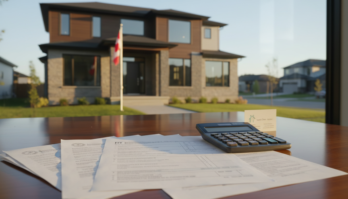Real estate sale paperwork, calculator and Canadian flag in front of a Georgetown, Ontario home representing CRA reporting for home sale.