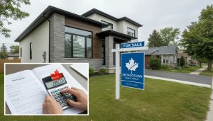 Georgetown Ontario house for sale with mortgage documents and calculator overlay symbolizing mortgage penalty