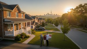 Georgetown Ontario home sale with real estate agent handing keys to homeowners on a sunny street.