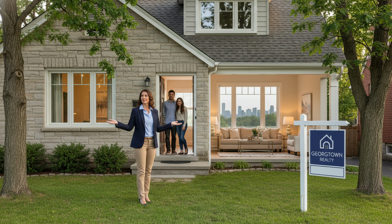 Real estate agent showing a home in Georgetown Ontario to prospective buyers near a For Sale sign