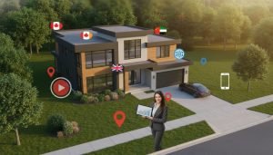 Georgetown home with international flags and digital marketing icons representing global buyers