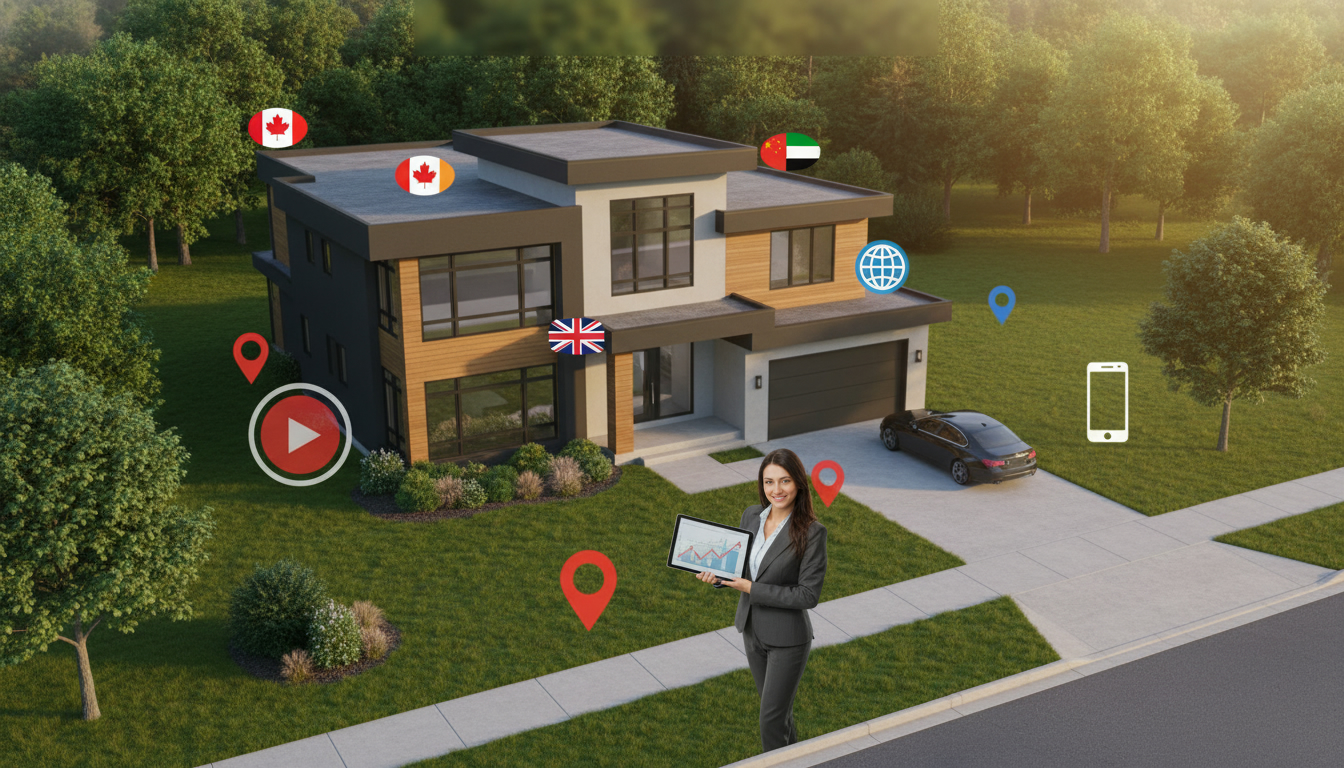 Georgetown home with international flags and digital marketing icons representing global buyers