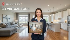 Realtor showing a 3D virtual tour of a staged Georgetown, ON home on a tablet with interior in the background.