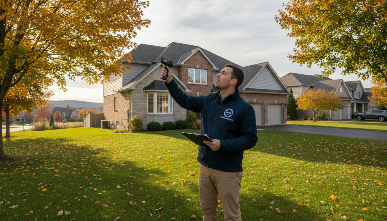 Home inspector examining a suburban house in Georgetown, Ontario with clipboard and thermal camera