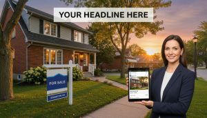 Georgetown Ontario home for sale with realtor holding tablet, for-sale sign, tree-lined street at golden hour.