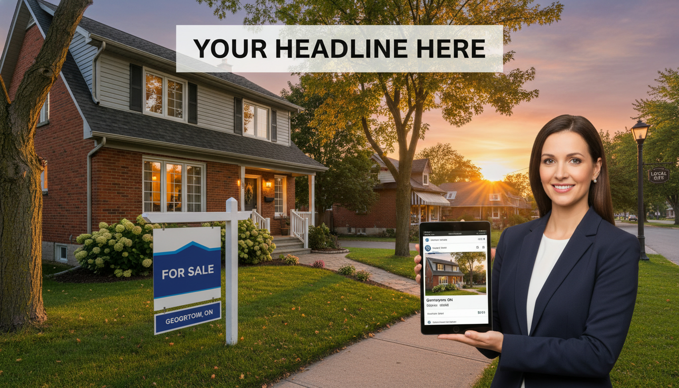 Georgetown Ontario home for sale with realtor holding tablet, for-sale sign, tree-lined street at golden hour.